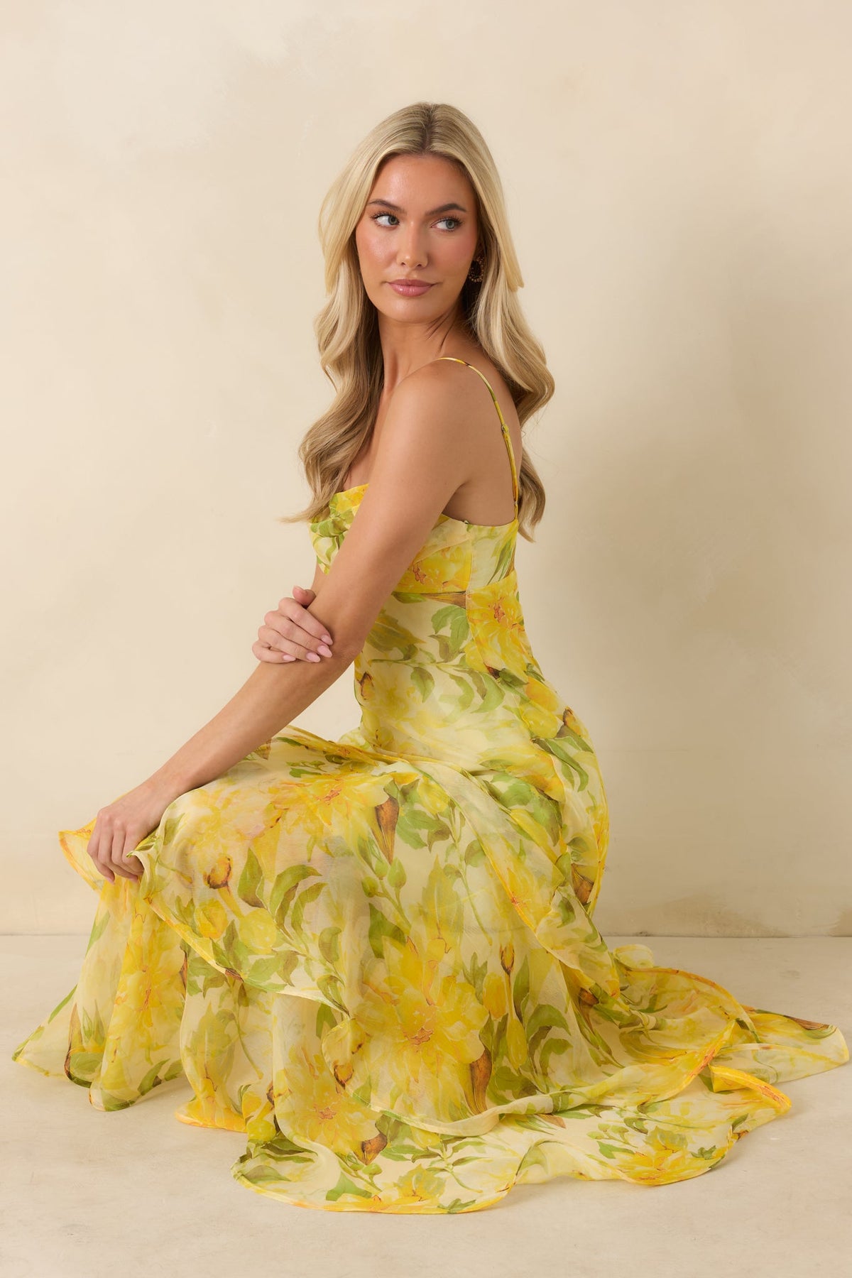 ASTR The Label Alison Yellow Floral Tiered Drop-Waist Maxi Dress