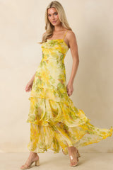 ASTR The Label Alison Yellow Floral Tiered Drop-Waist Maxi Dress