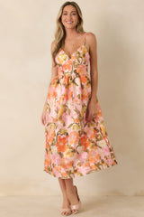 Blushing Bouquet Pink & Orange Floral Midi Dress