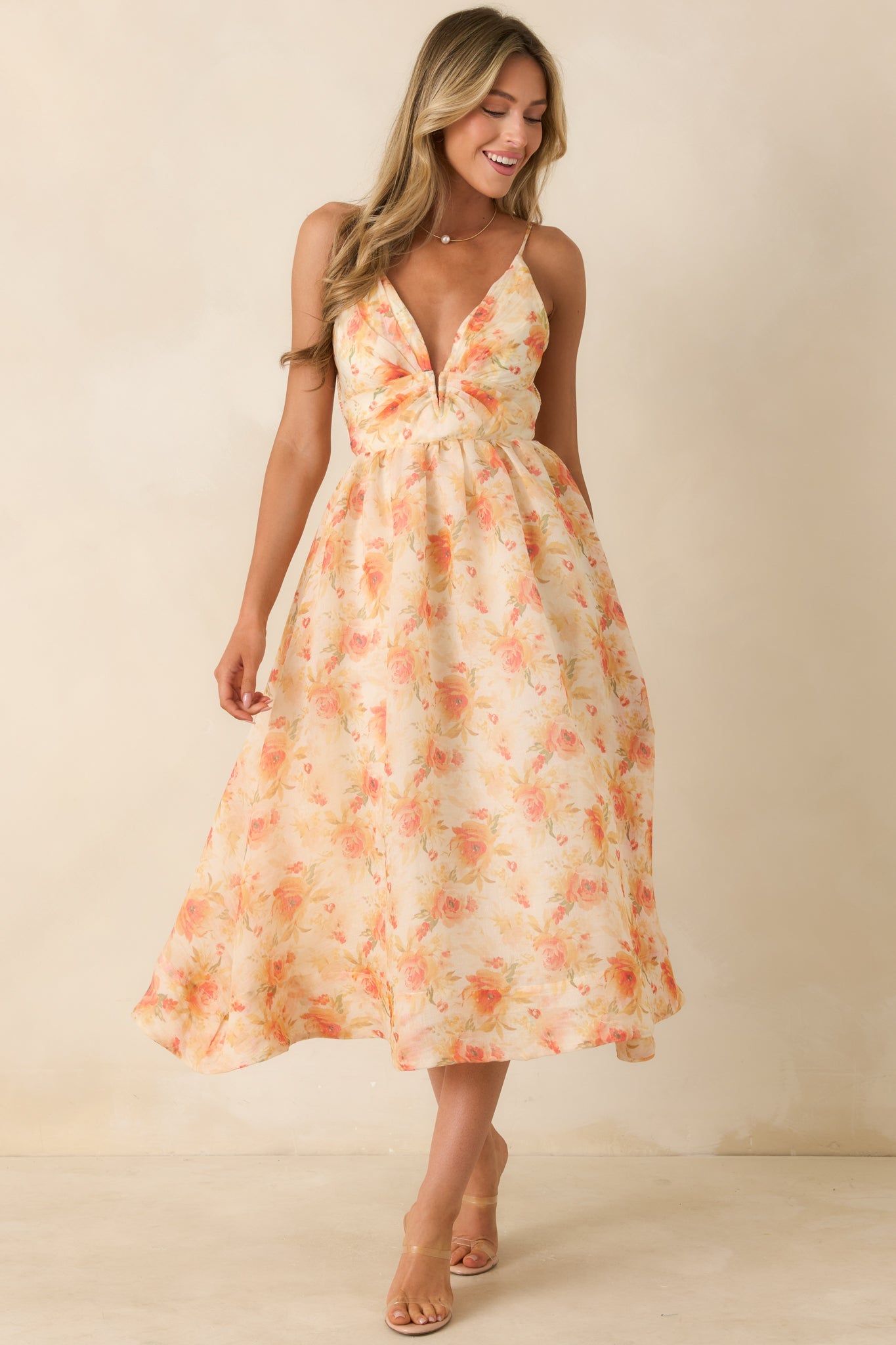 ASTR The Label Janna Orange Floral Midi Dress