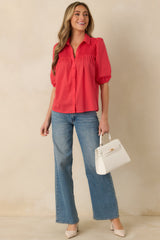Precious As You Watermelon Red Cotton Puff Sleeve Smocked Button Up Blouse