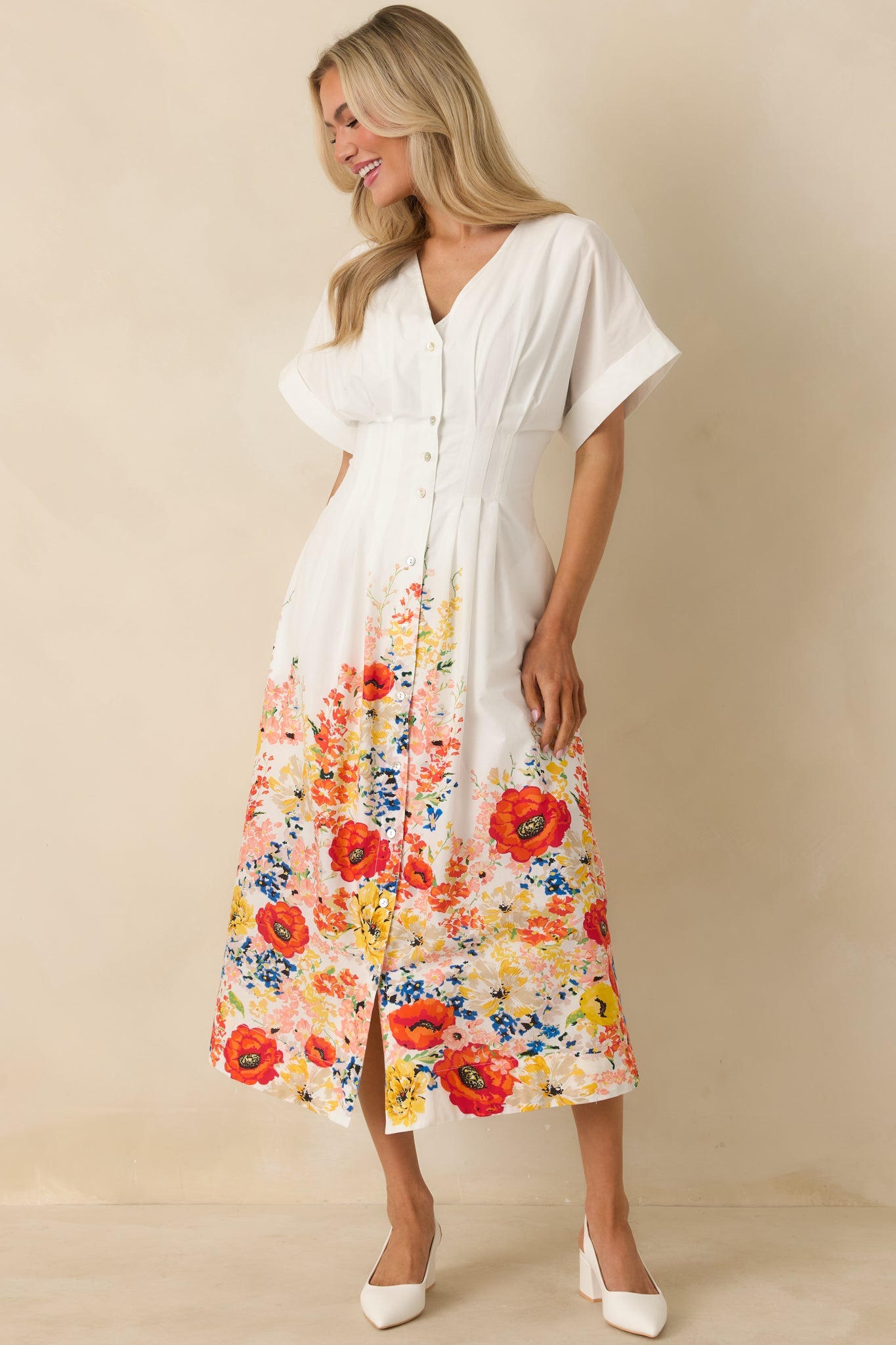 What Comes Next White Multi Cotton Floral Midi Dress