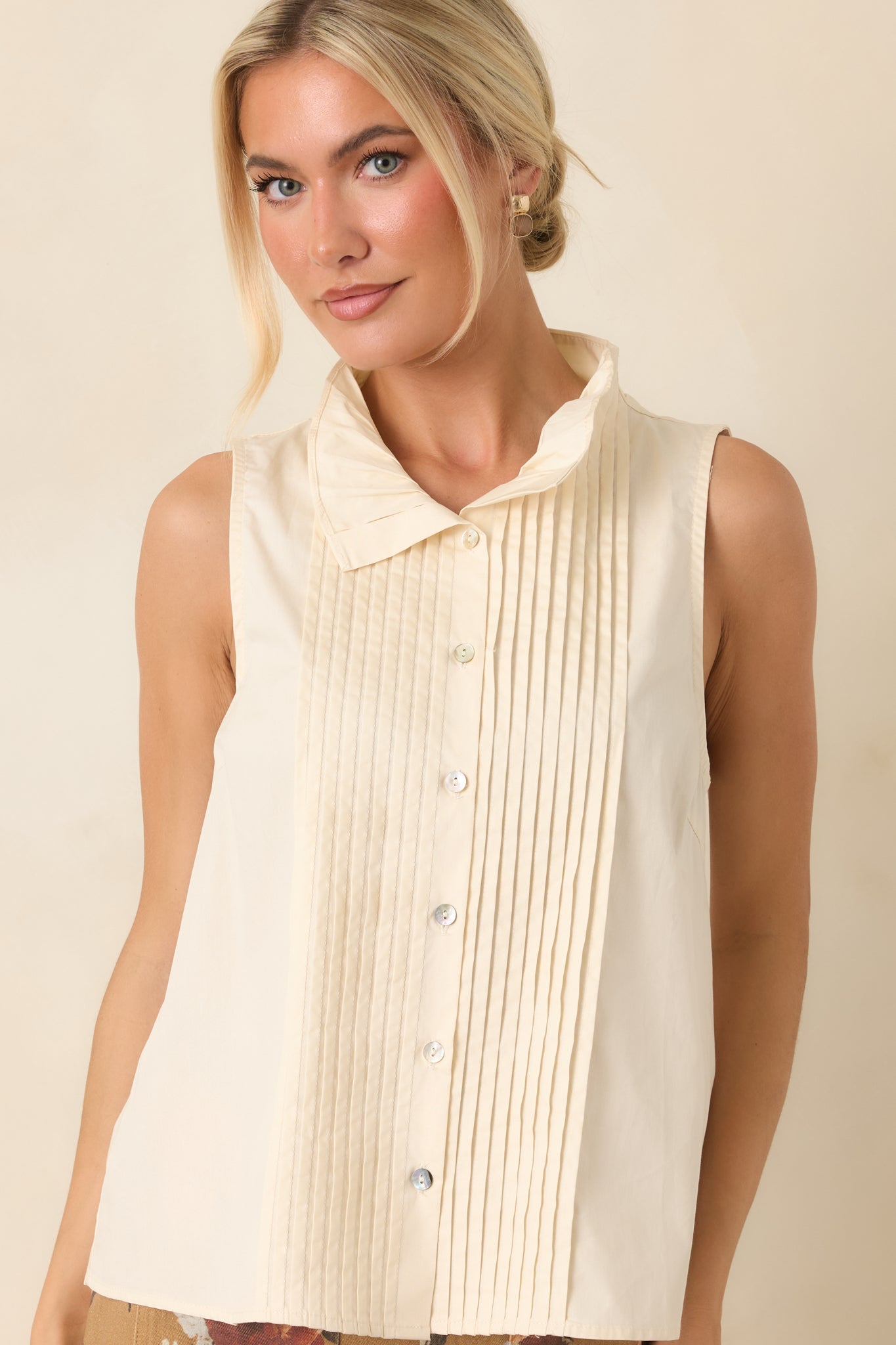 Tailored to Perfection Ecru Pintuck Sleeveless Blouse