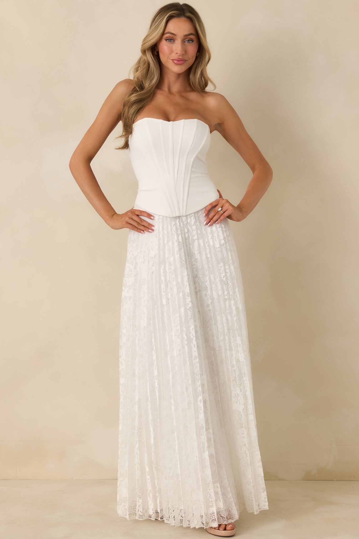 Say Yes to This White Corset Bodice & Pleated Lace Maxi Dress