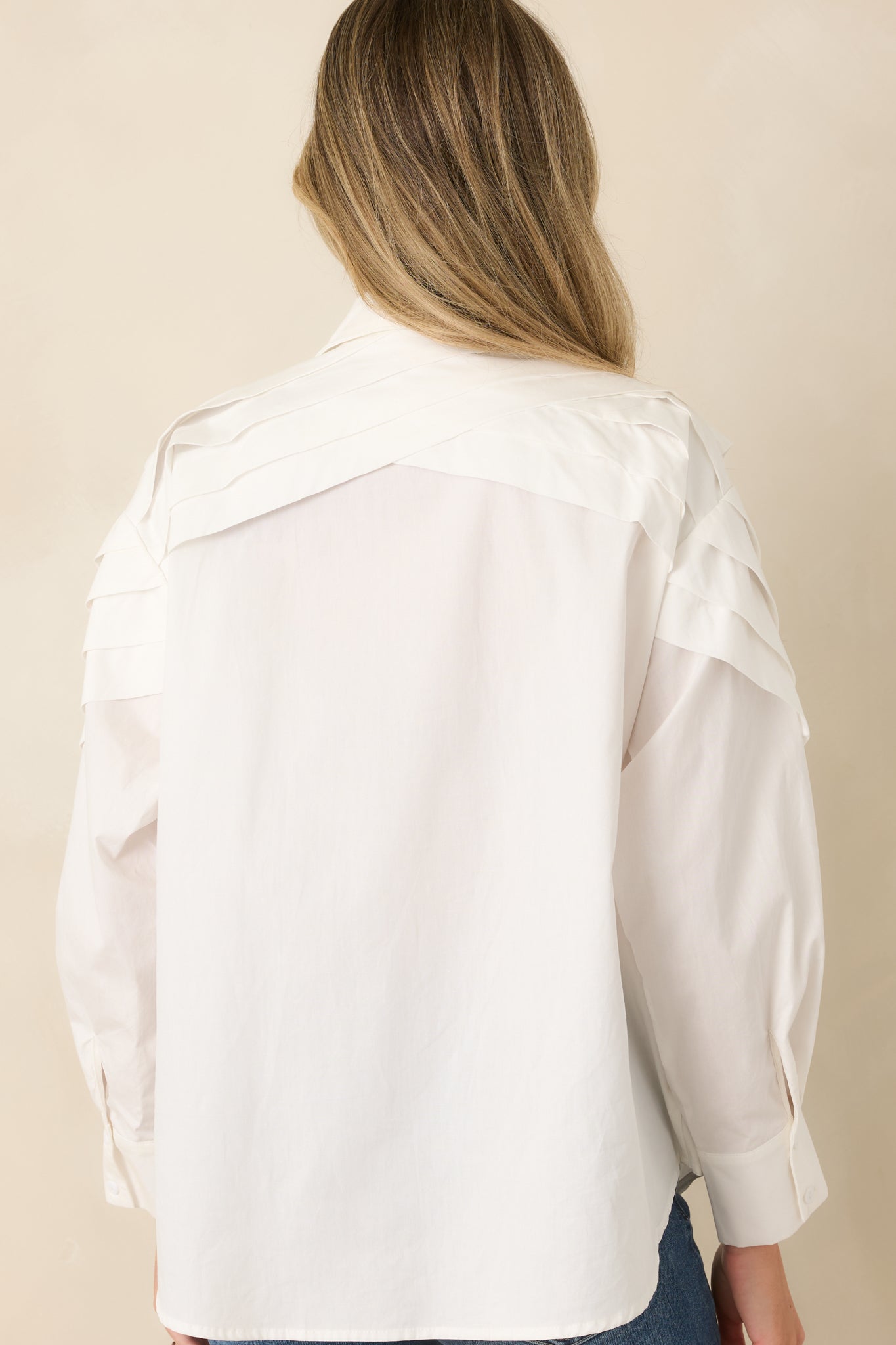 From Every Angle White Cotton Pleated Shoulder Button-Up Blouse