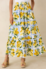 Sweet Citrus Charm White Multi Lemon Print Cotton Maxi Skirt