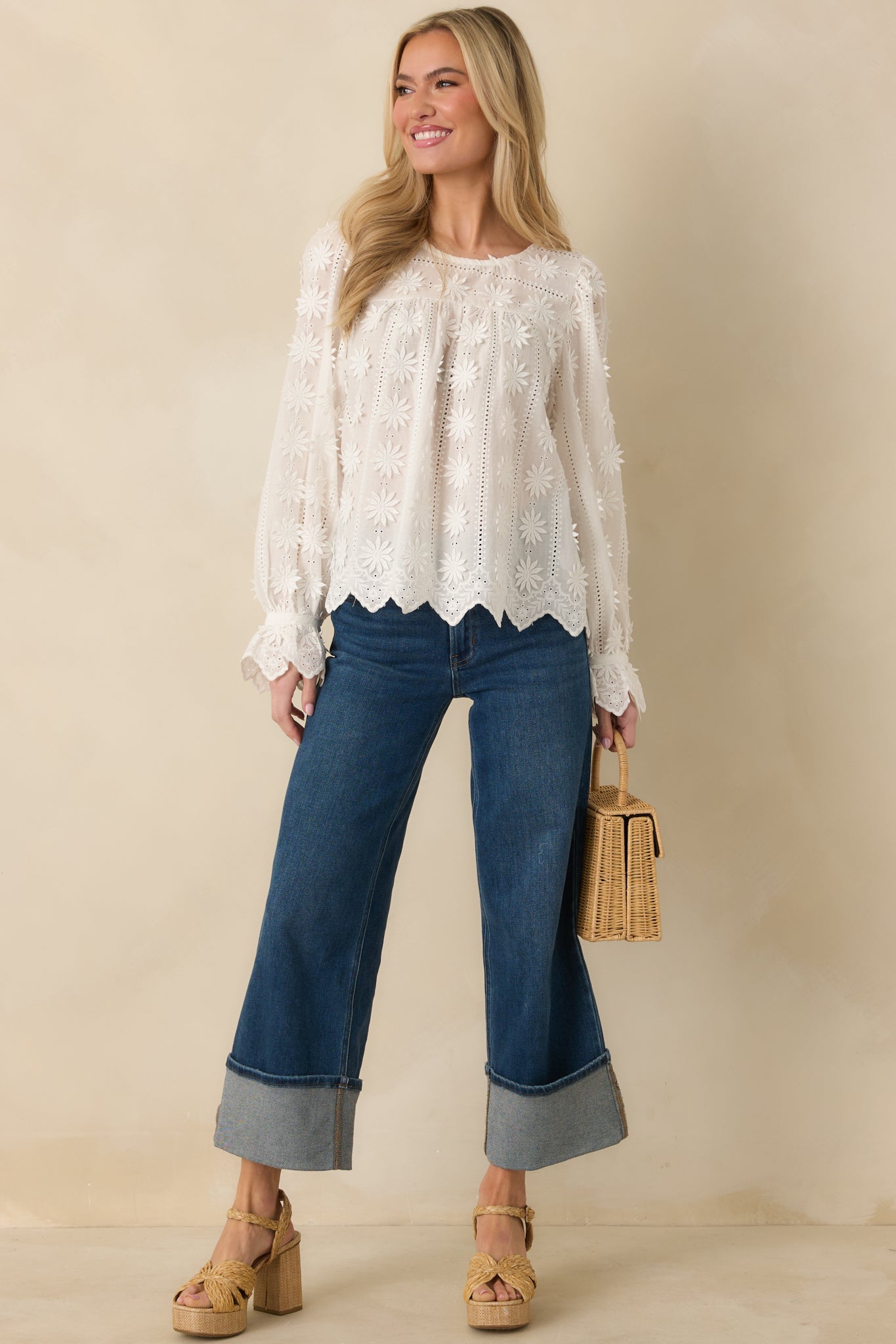 Delicate By Design White Cotton Flower Appliqué Top