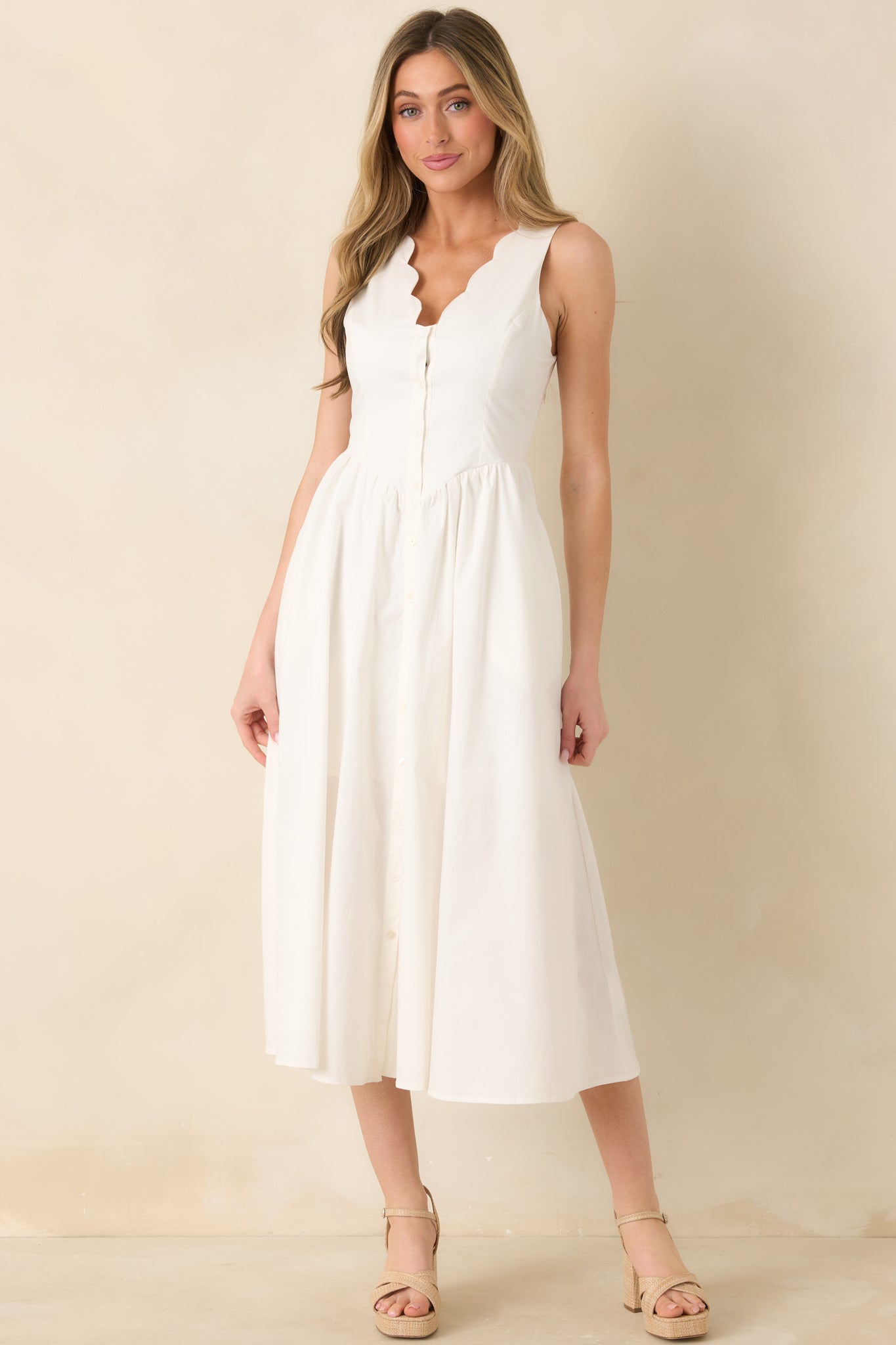 The High Life White Cotton Scalloped V-Neck Midi Dress