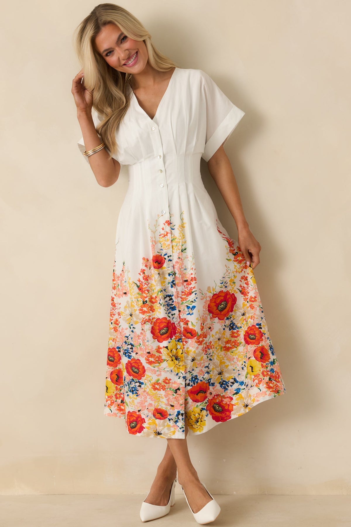 What Comes Next White Multi Cotton Floral Midi Dress