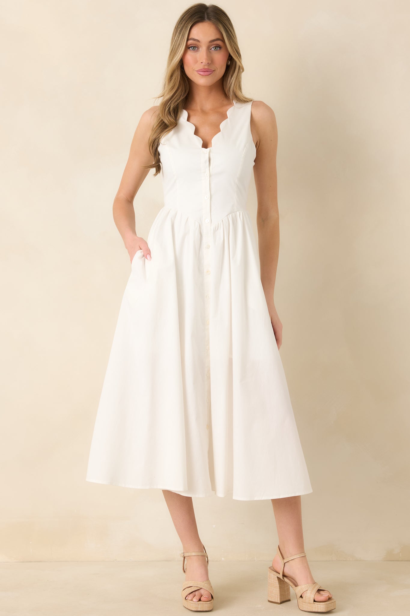 The High Life White Cotton Scalloped V-Neck Midi Dress