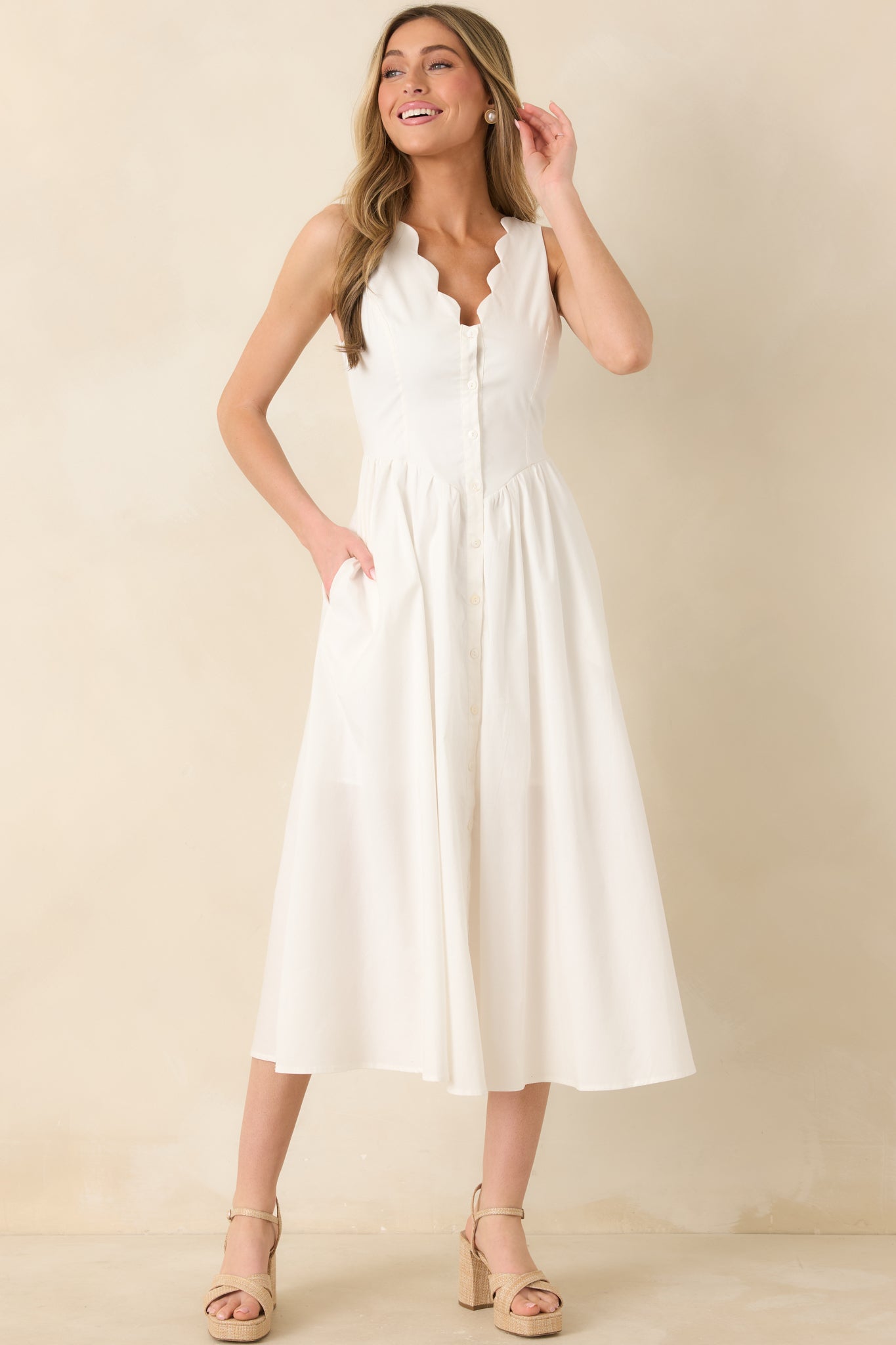 The High Life White Cotton Scalloped V-Neck Midi Dress
