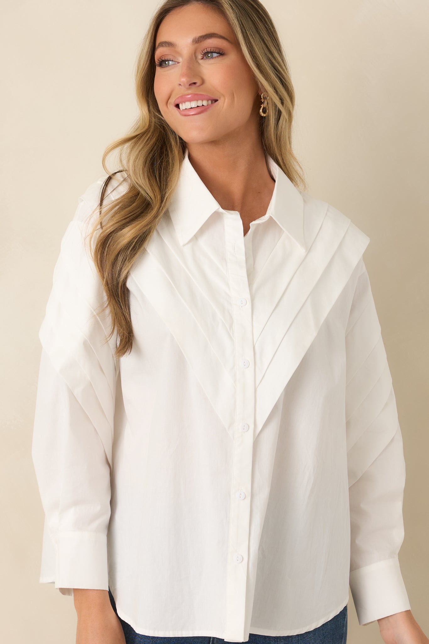 From Every Angle White Cotton Pleated Shoulder Button-Up Blouse