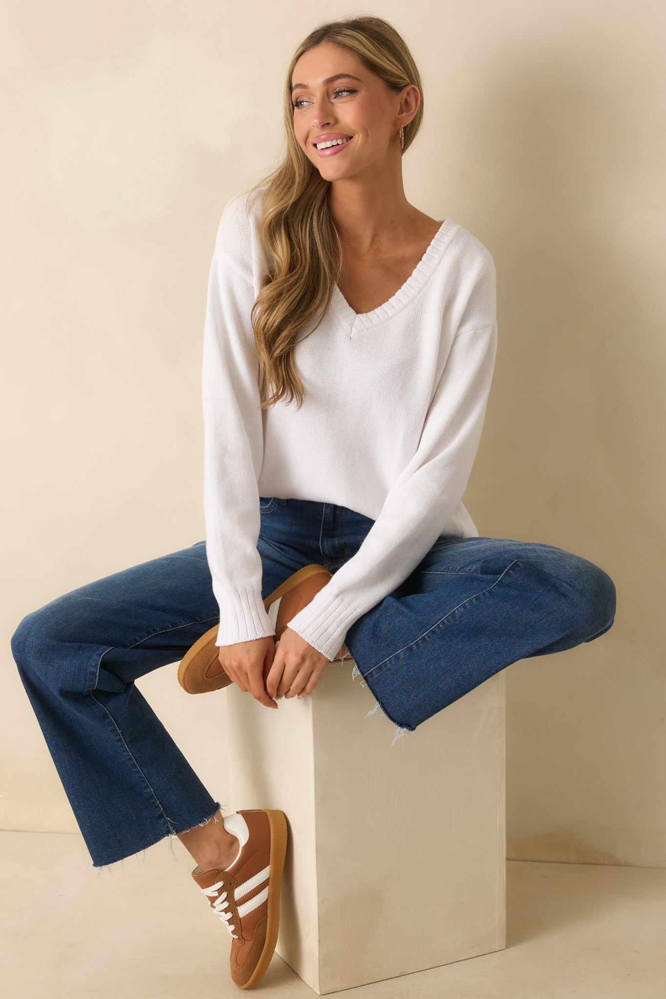 Z Supply White All Around Cotton V-Neck Sweater