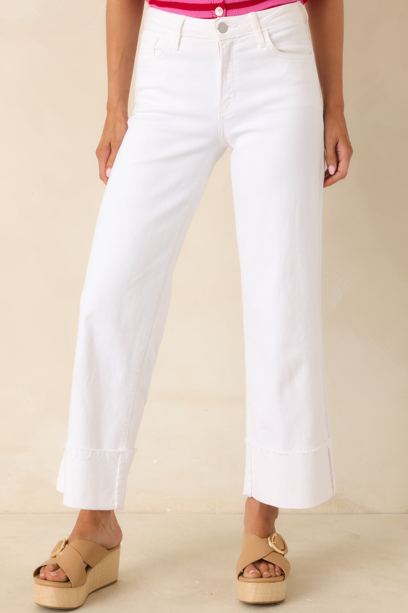 Best I've Seen White Stretch Wide Leg Cuffed Jeans
