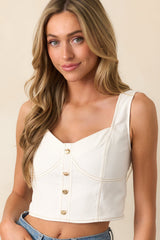 For The Record White Denim Button Front Crop Top