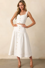 For The Record White Denim Button Front Crop Top