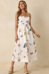 Promise in Bloom White Multi Floral Cotton Tie-Back Scalloped Midi Dress