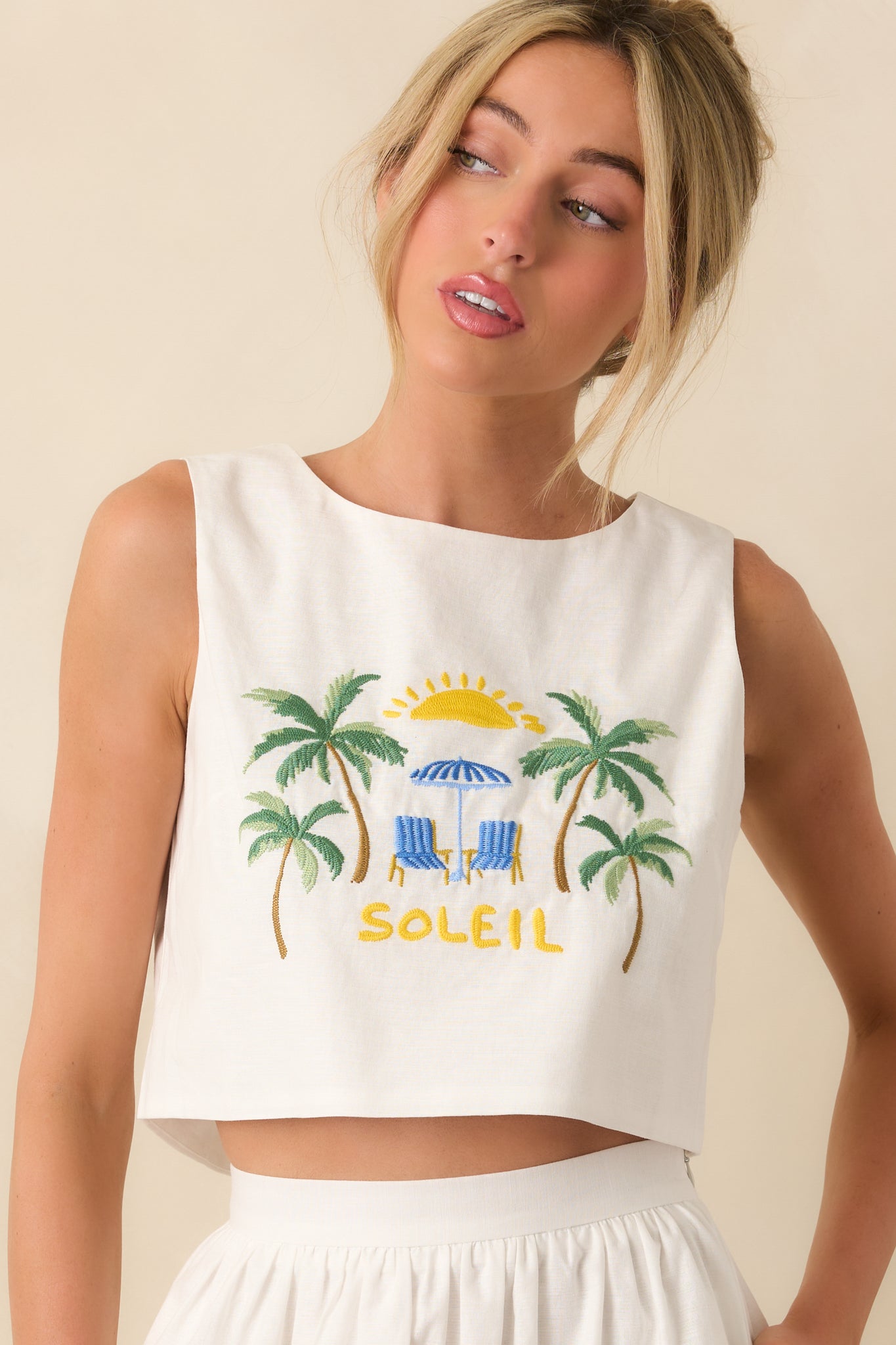 Paradisa Aruba White Multi Embroidered Cotton Blend Crop Top