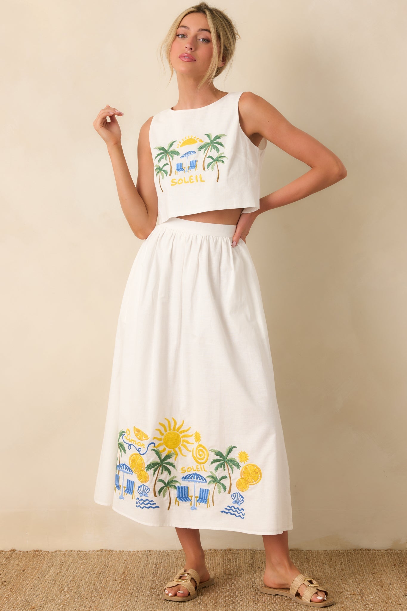 Paradisa Aruba White Multi Embroidered Cotton Blend Crop Top