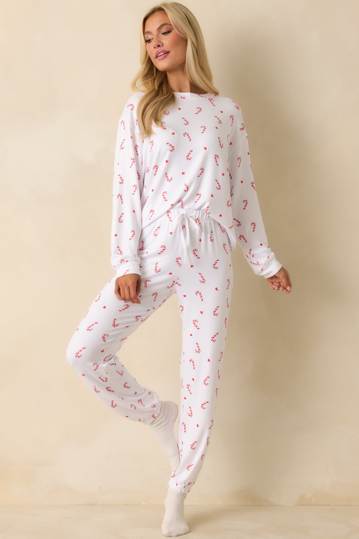 Z Supply White Knit Cozy Candy Cane Pajama Top