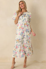 Whispering Brush Strokes White Multi Cotton Floral Puff Sleeve Maxi Dress