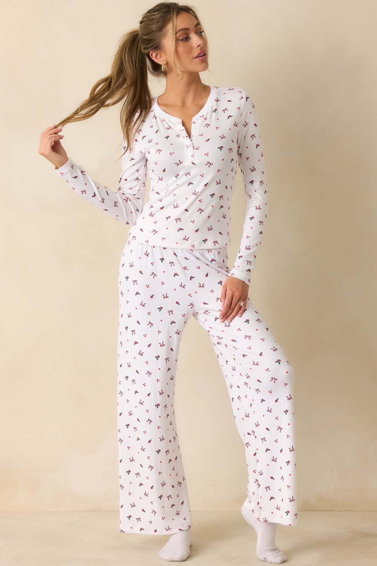 Z Supply White Multi Holly Pointelle Long Sleeve Pajama Top