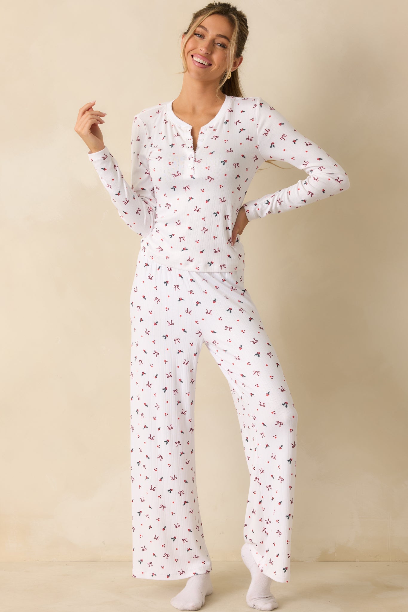 Z Supply White Multi Holly Pointelle Long Sleeve Pajama Top