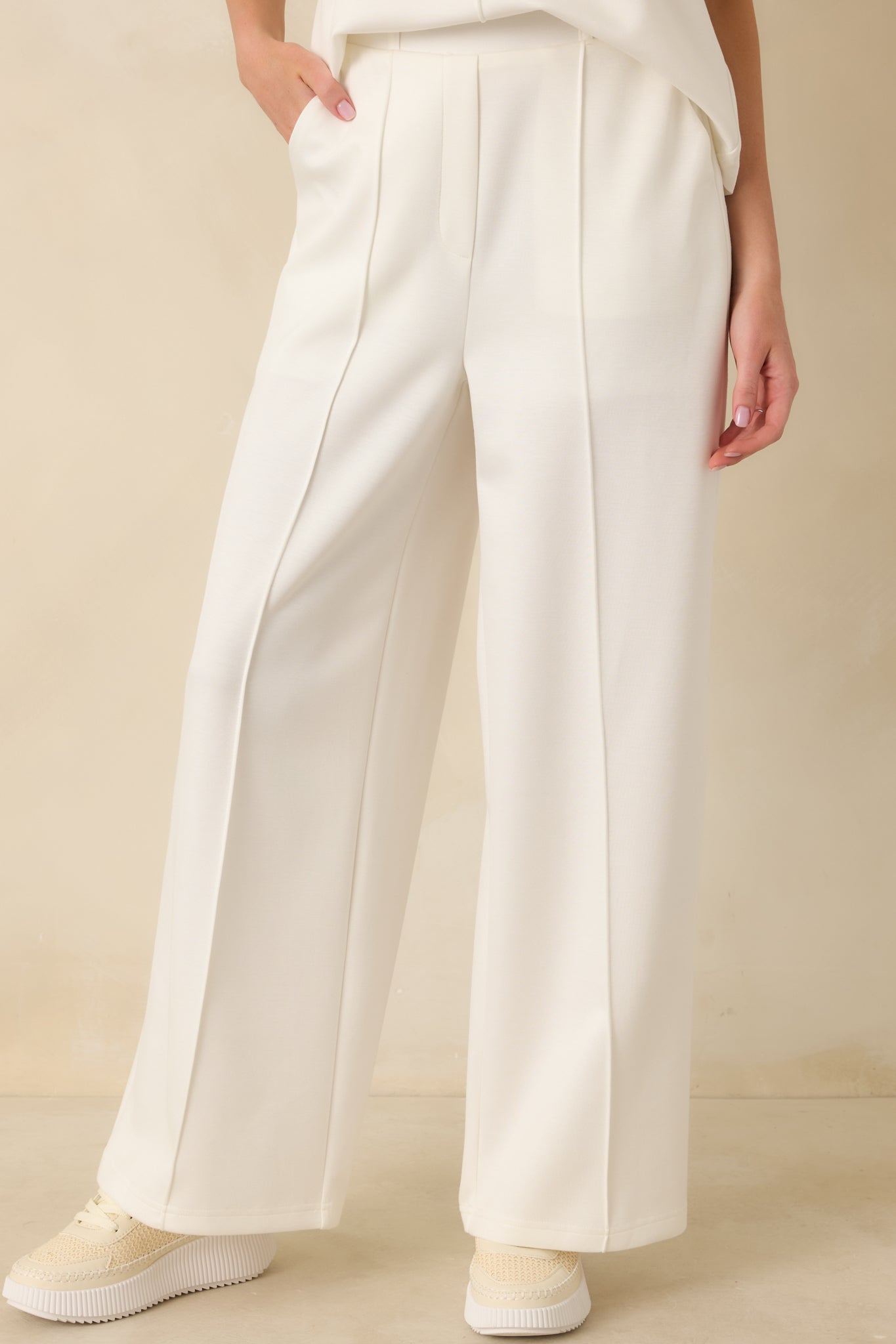 Ready to Jet Cloud White Knit High-Waisted Wide-Leg Pants