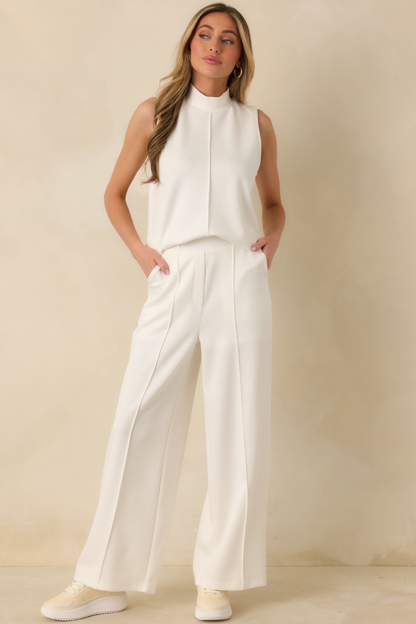 Ready to Jet Cloud White Knit High-Waisted Wide-Leg Pants