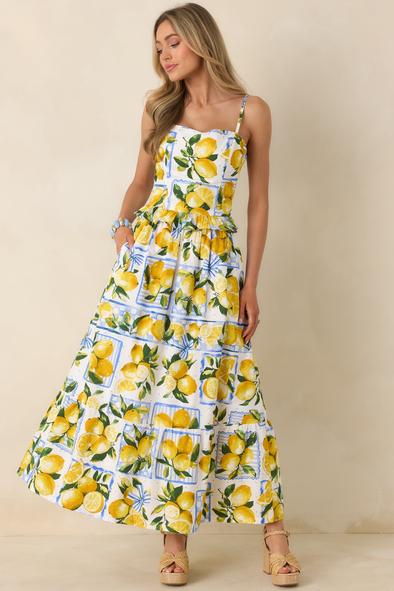 Sweet Citrus Charm White Multi Lemon Print Cotton Peplum Top