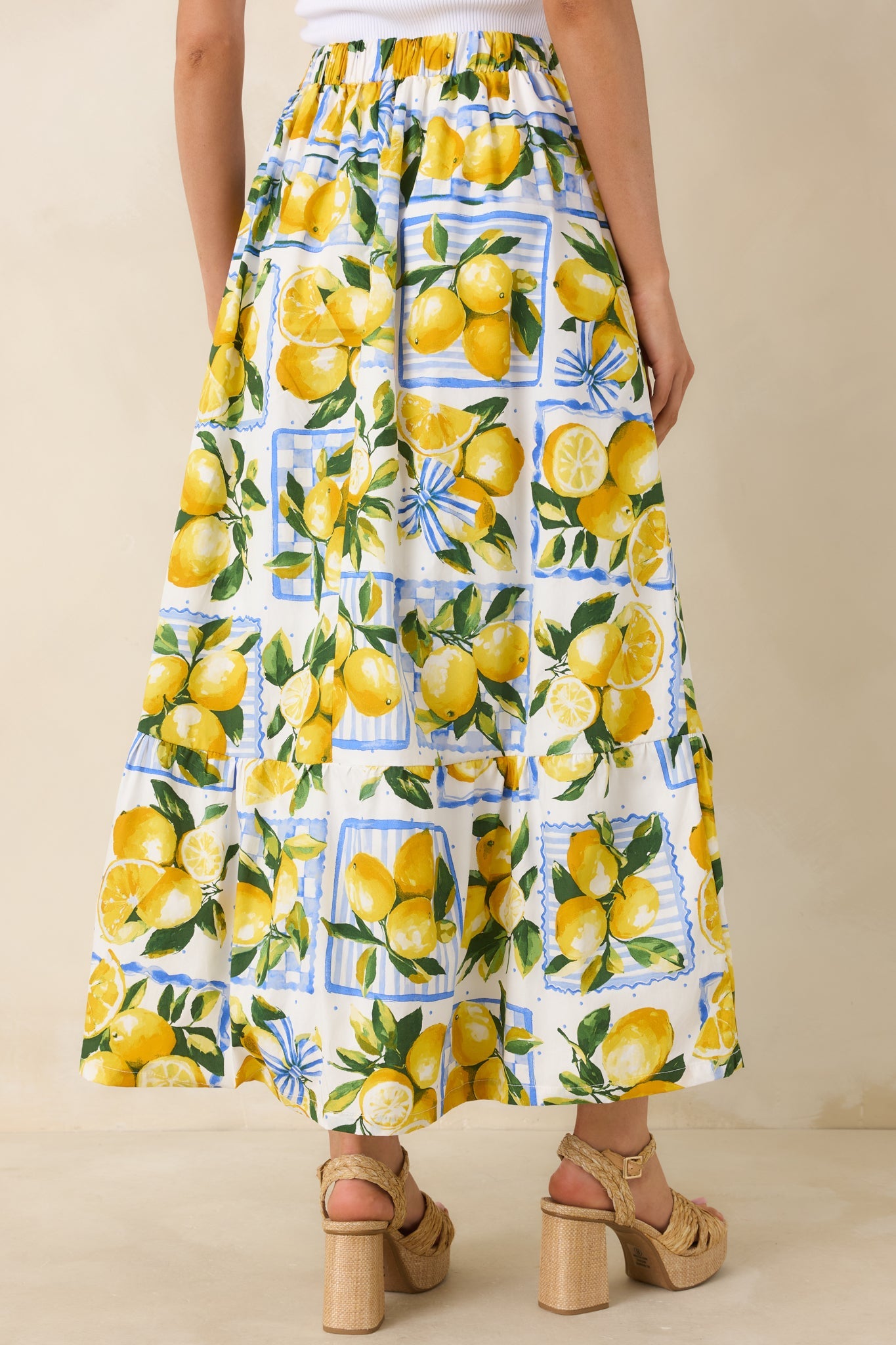 Sweet Citrus Charm White Multi Lemon Print Cotton Maxi Skirt