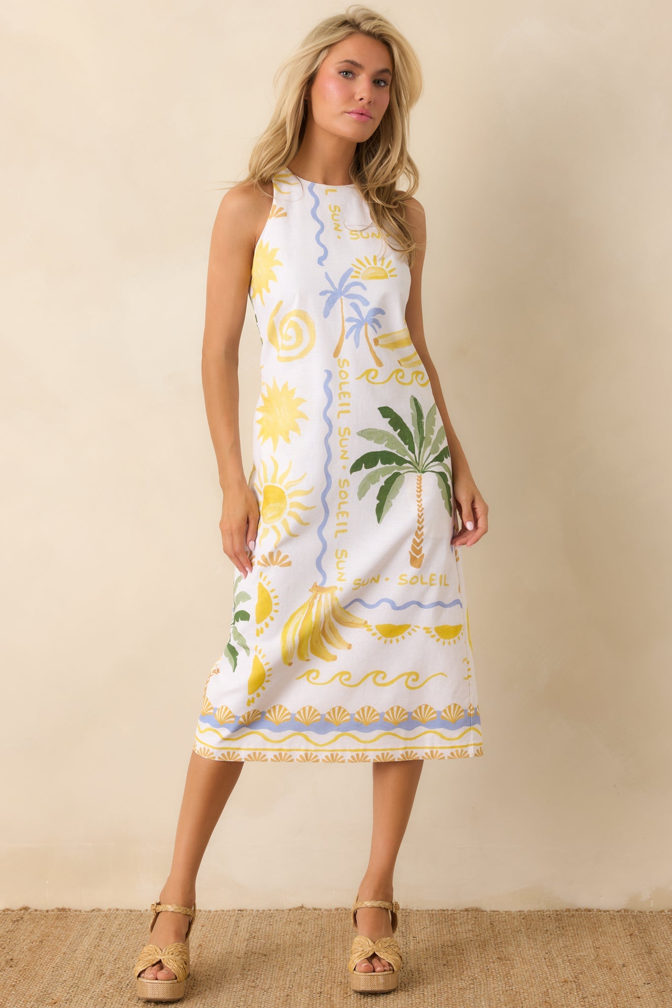 Paradisa Breakers White Multi Linen Blend Tropical Print Midi Dress