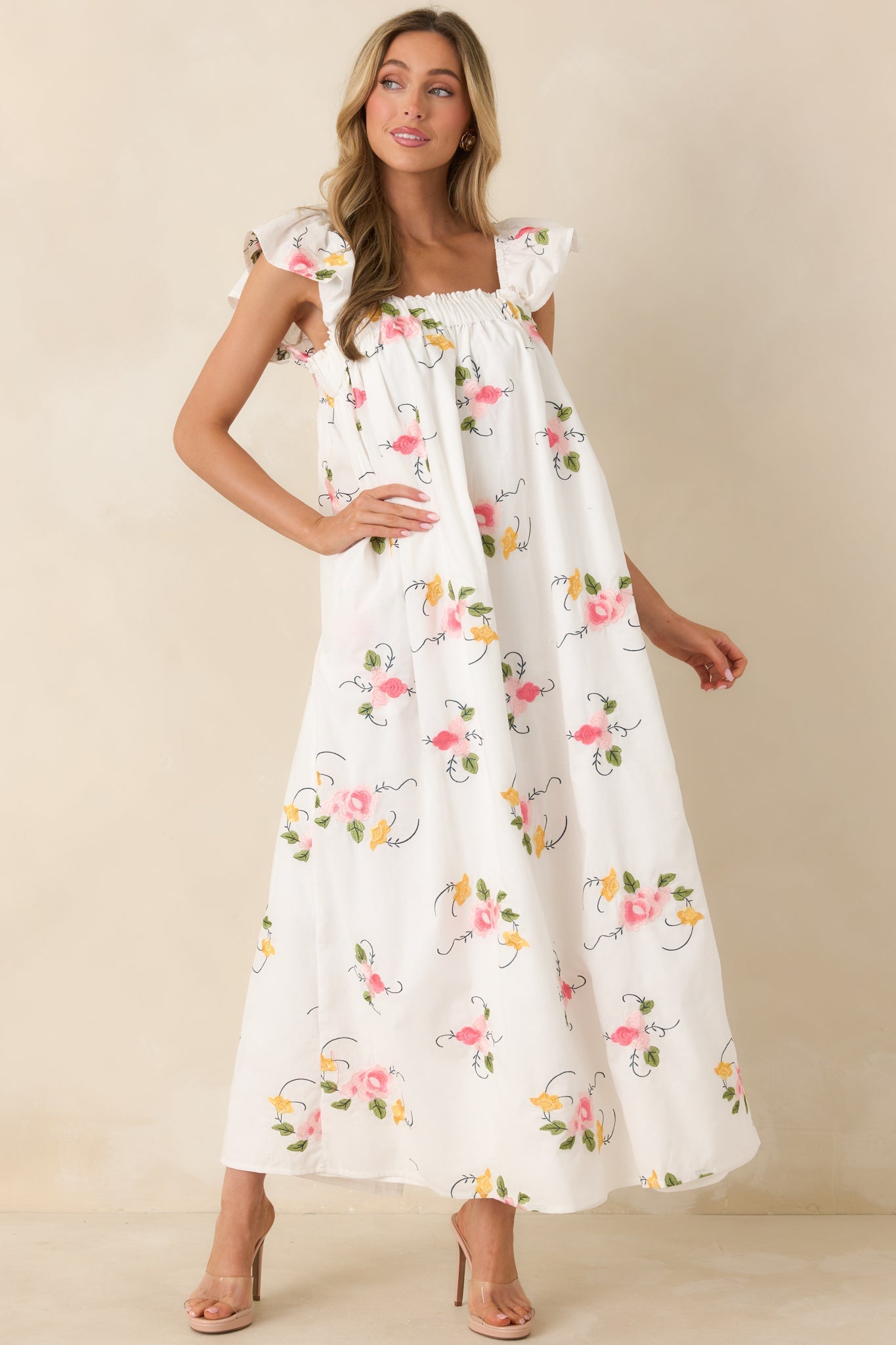 Sweet Briar Blossom White Multi Floral Embroidered Maxi Dress