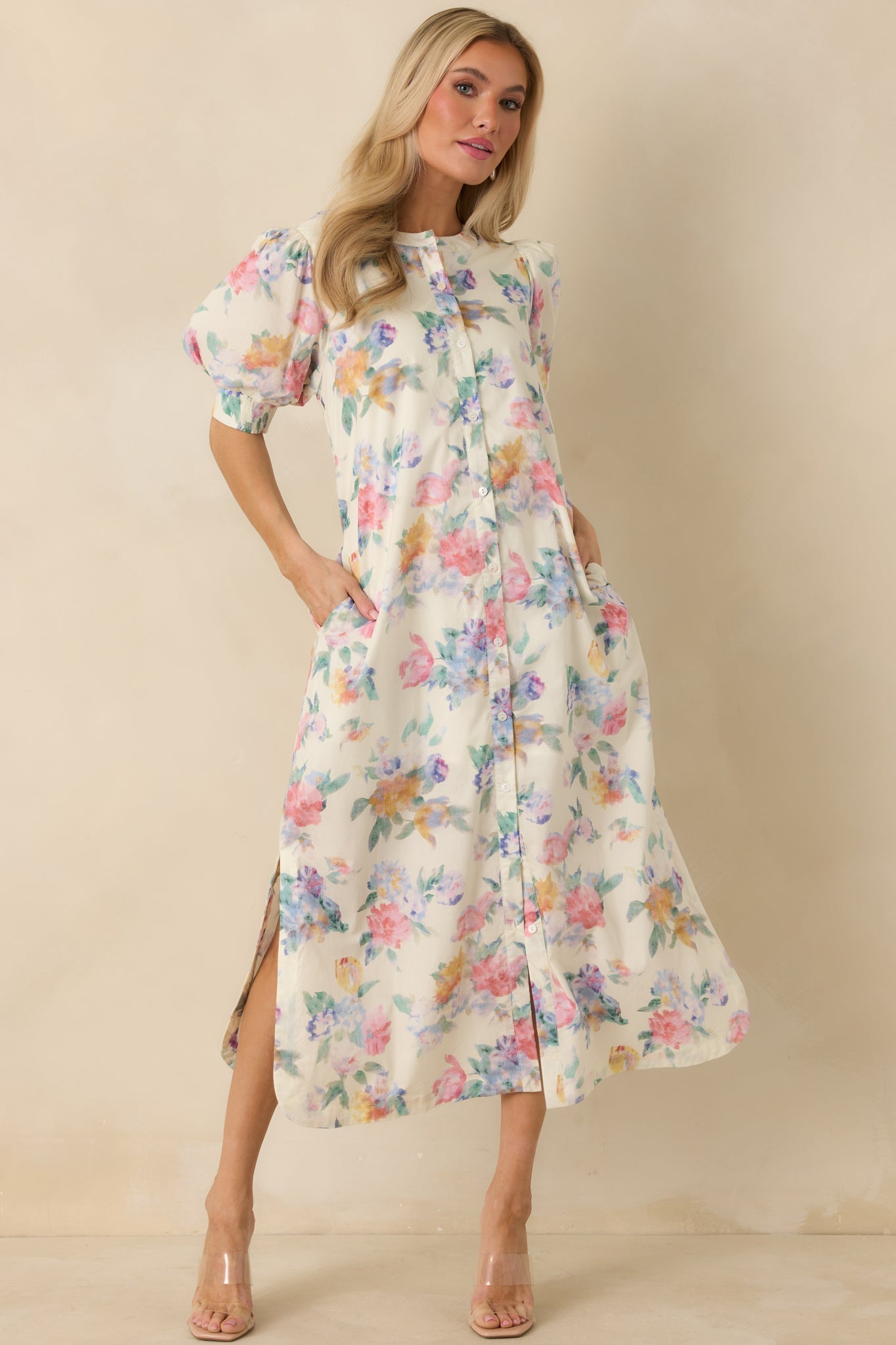 Whispering Brush Strokes White Multi Cotton Floral Puff Sleeve Maxi Dress