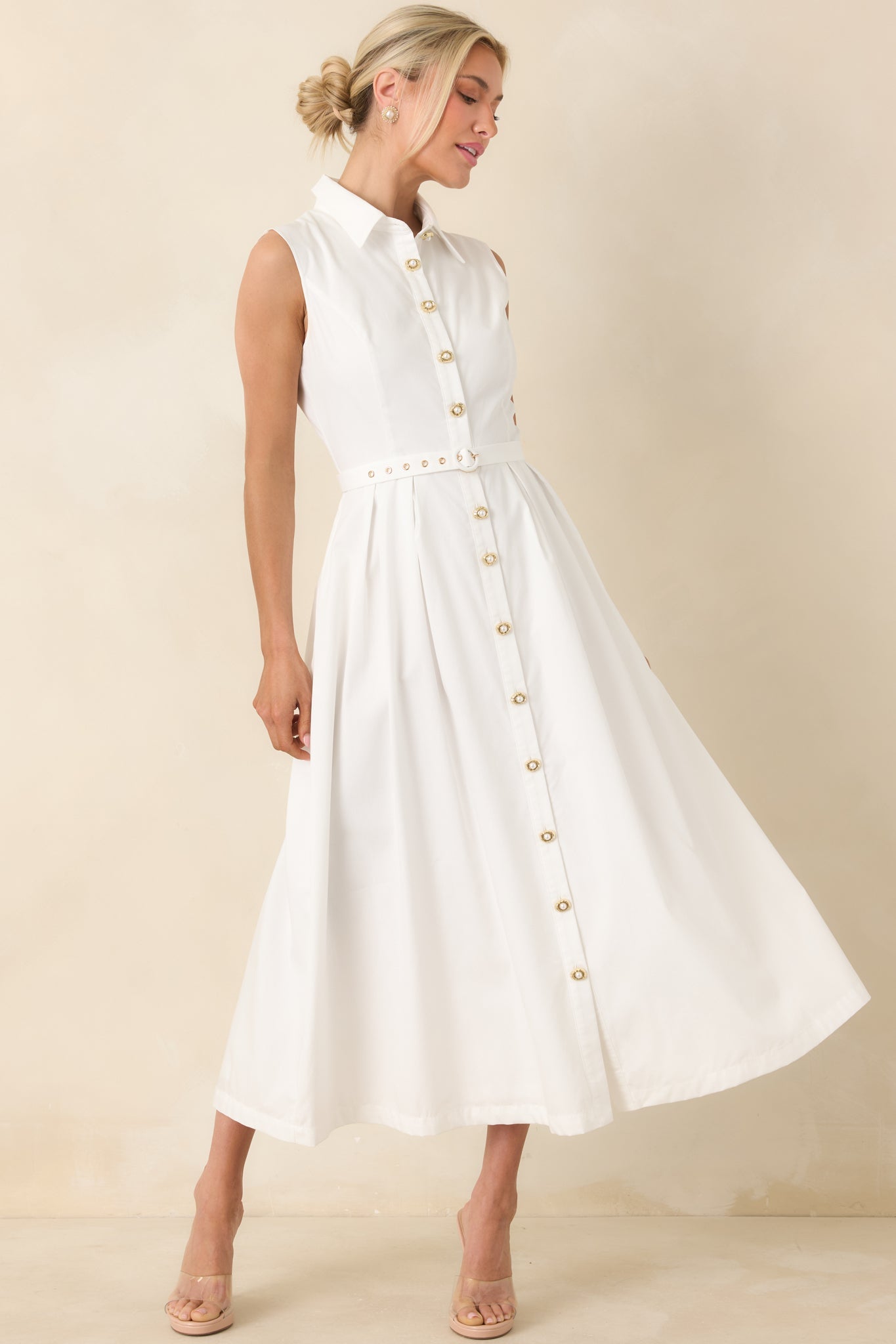 What Can I Say White Cotton Sleeveless Button Front Belted Maxi Dress