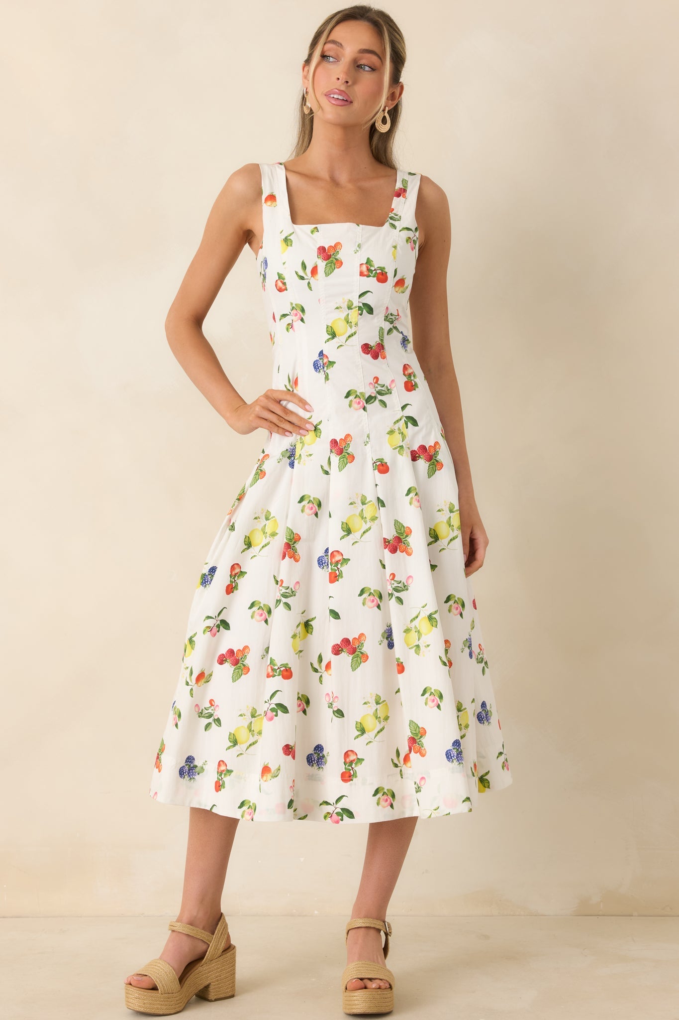 Sweet on Summer White Multi Cotton Fruit Print Midi Dress