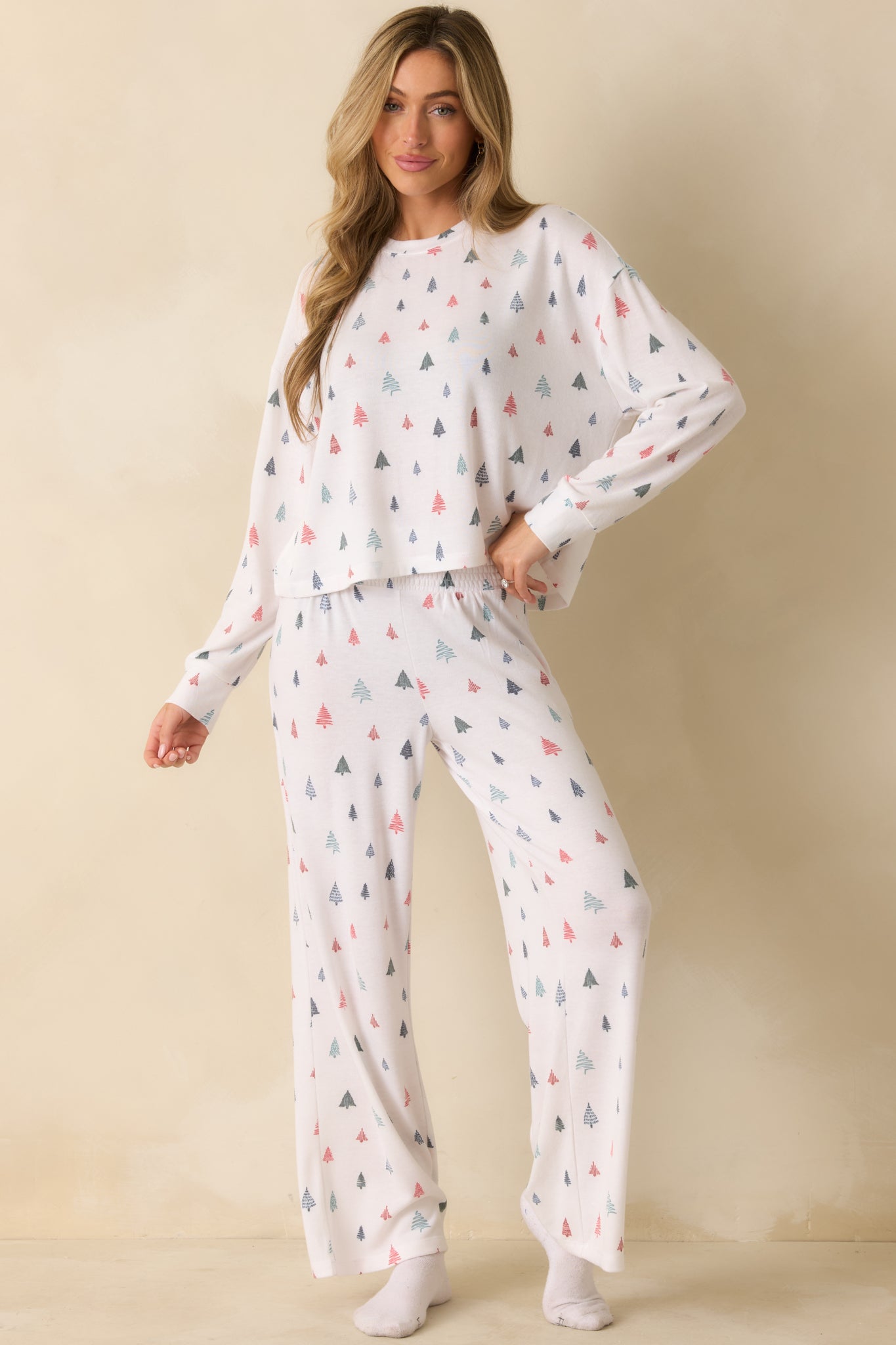Z Supply White Multi Alpine Tree Brushed Knit Pajama Top