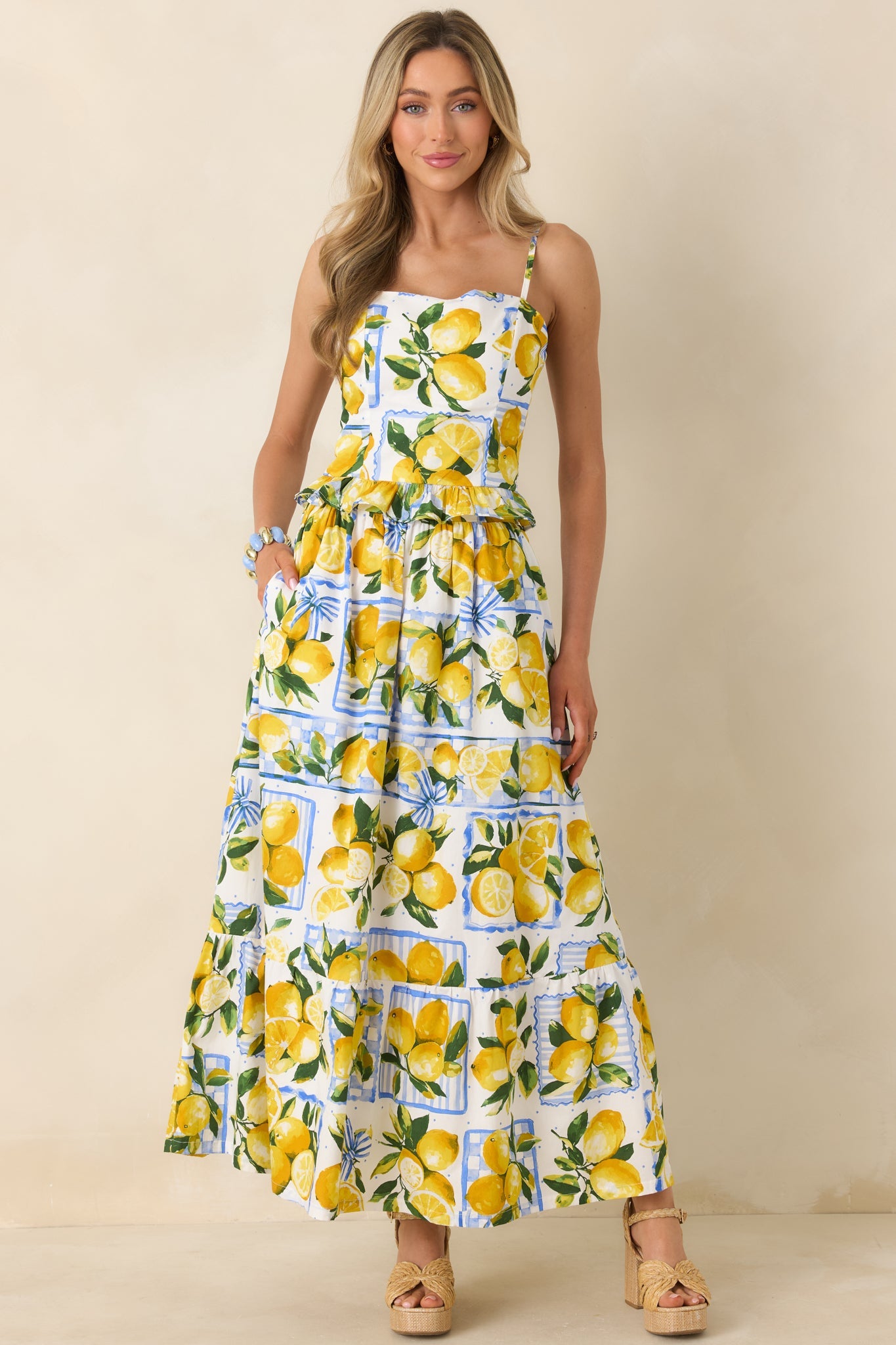 Sweet Citrus Charm White Multi Lemon Print Cotton Peplum Top