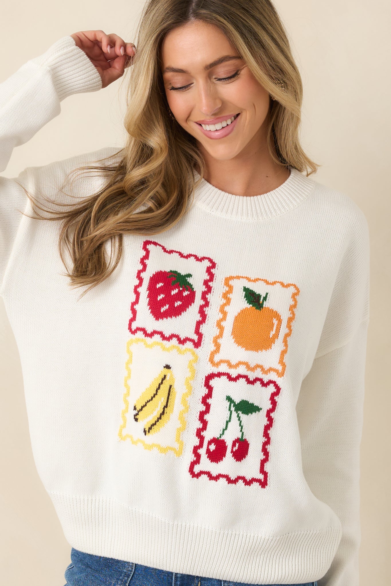 Sweet Selections White Multi Knit Fruit Sweater