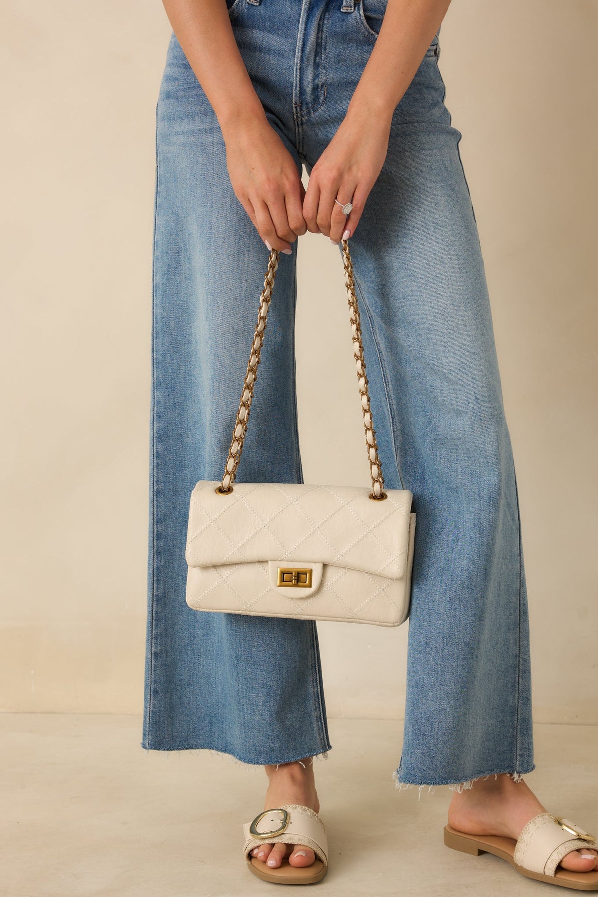Hold the Line White Quilted Faux Leather Chain Strap Handbag