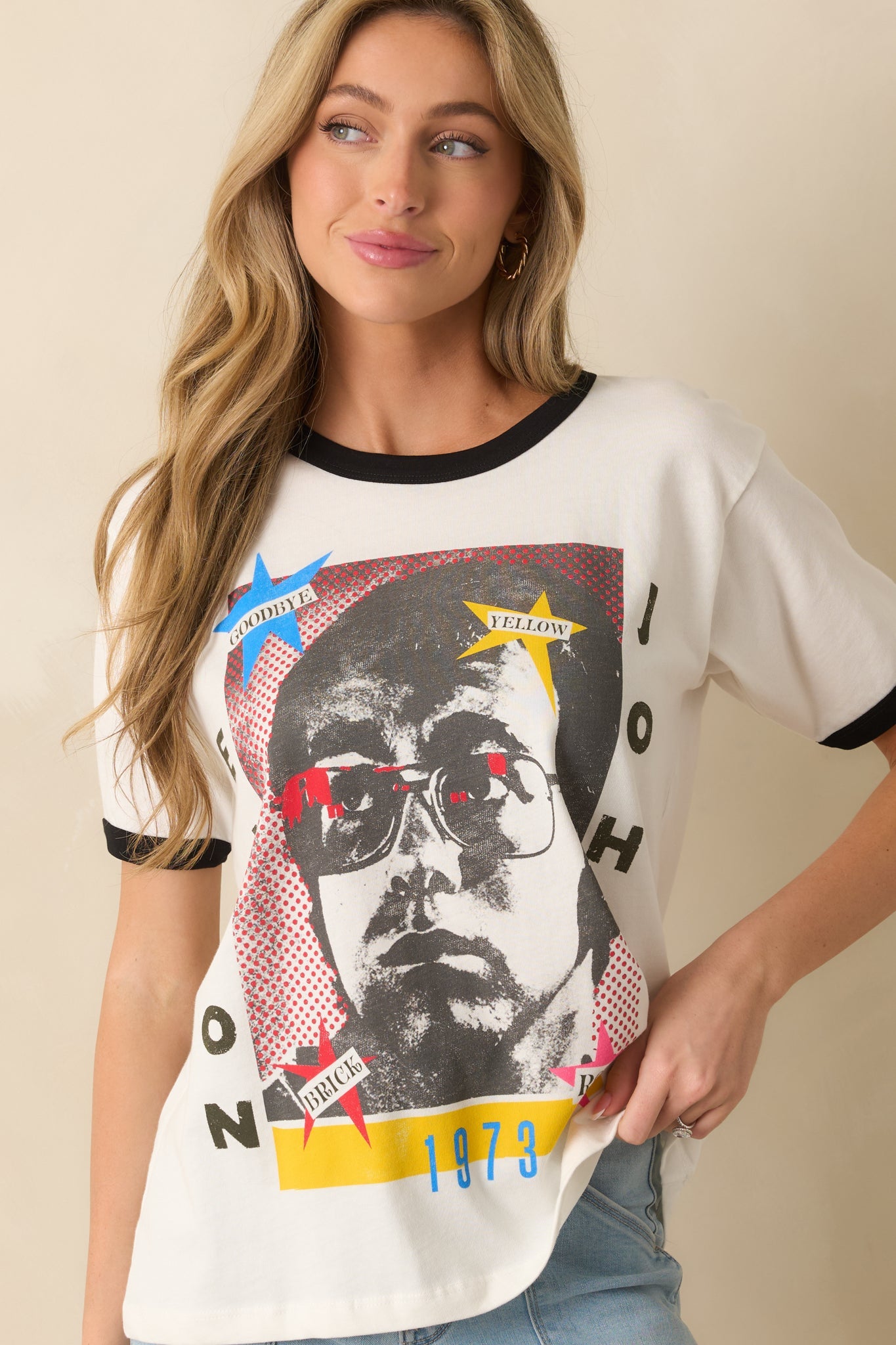 Elton John White Cotton 1973 Tour Ringer Tee