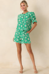 Look At You Green Cotton Floral Embroidered Shorts