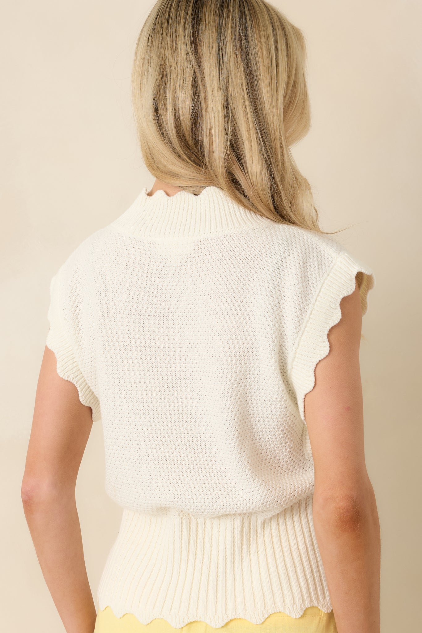 Sweetly Said White Textured Knit Scalloped Edge Sleeveless Cropped Sweater