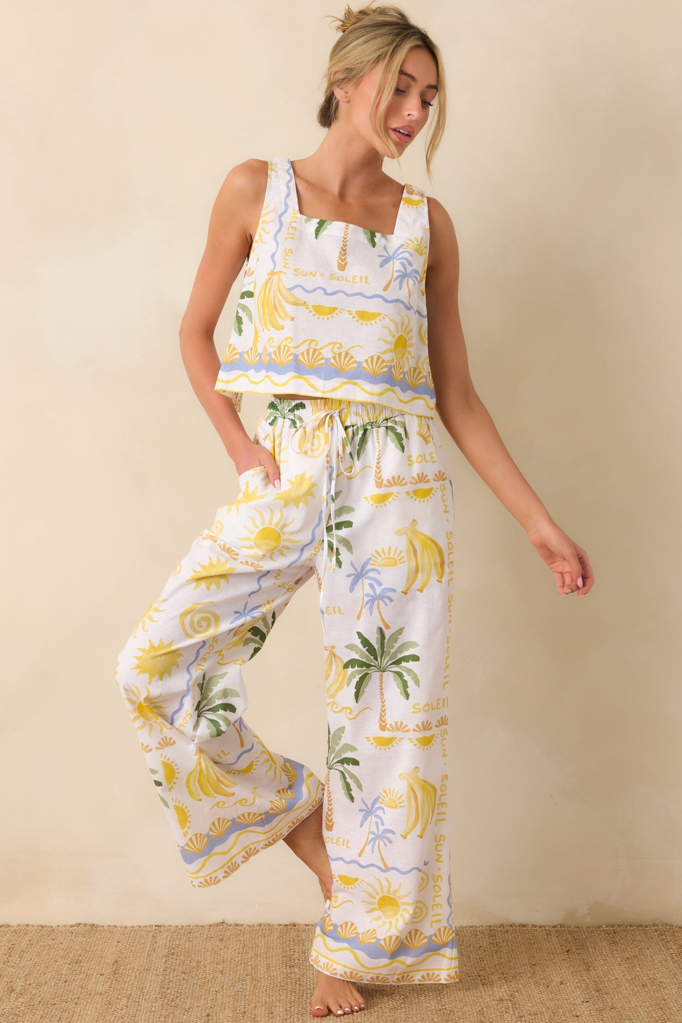 Paradisa Bahia Bay White Multi Linen Blend Tropical Print Tank Top