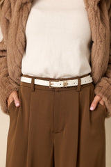 Polished & Poised White Faux Leather Gold Accent Slim Belt