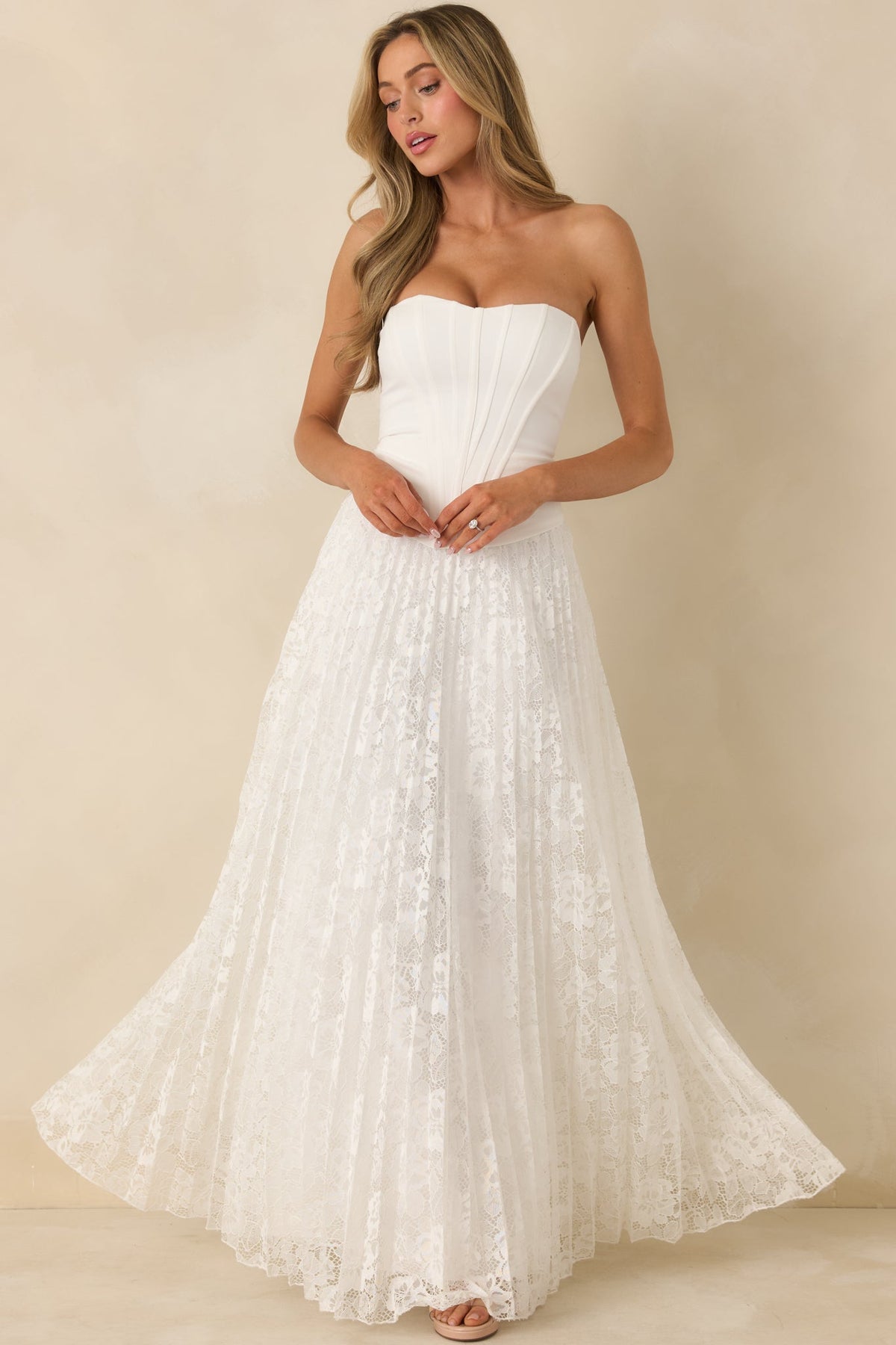 Say Yes to This White Corset Bodice & Pleated Lace Maxi Dress