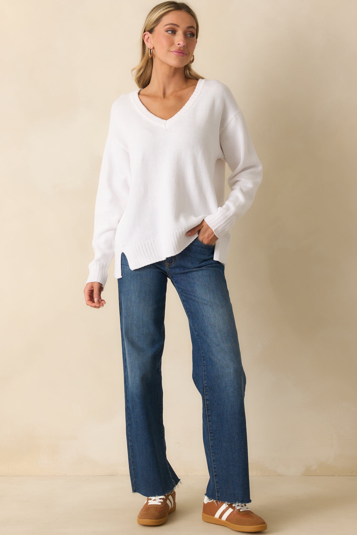 Z Supply White All Around Cotton V-Neck Sweater