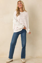 Heartstrings Attached White Cotton Embroidered Heart Crewneck Sweatshirt