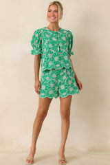 Look At You Green Cotton Floral Embroidered Button Front Top