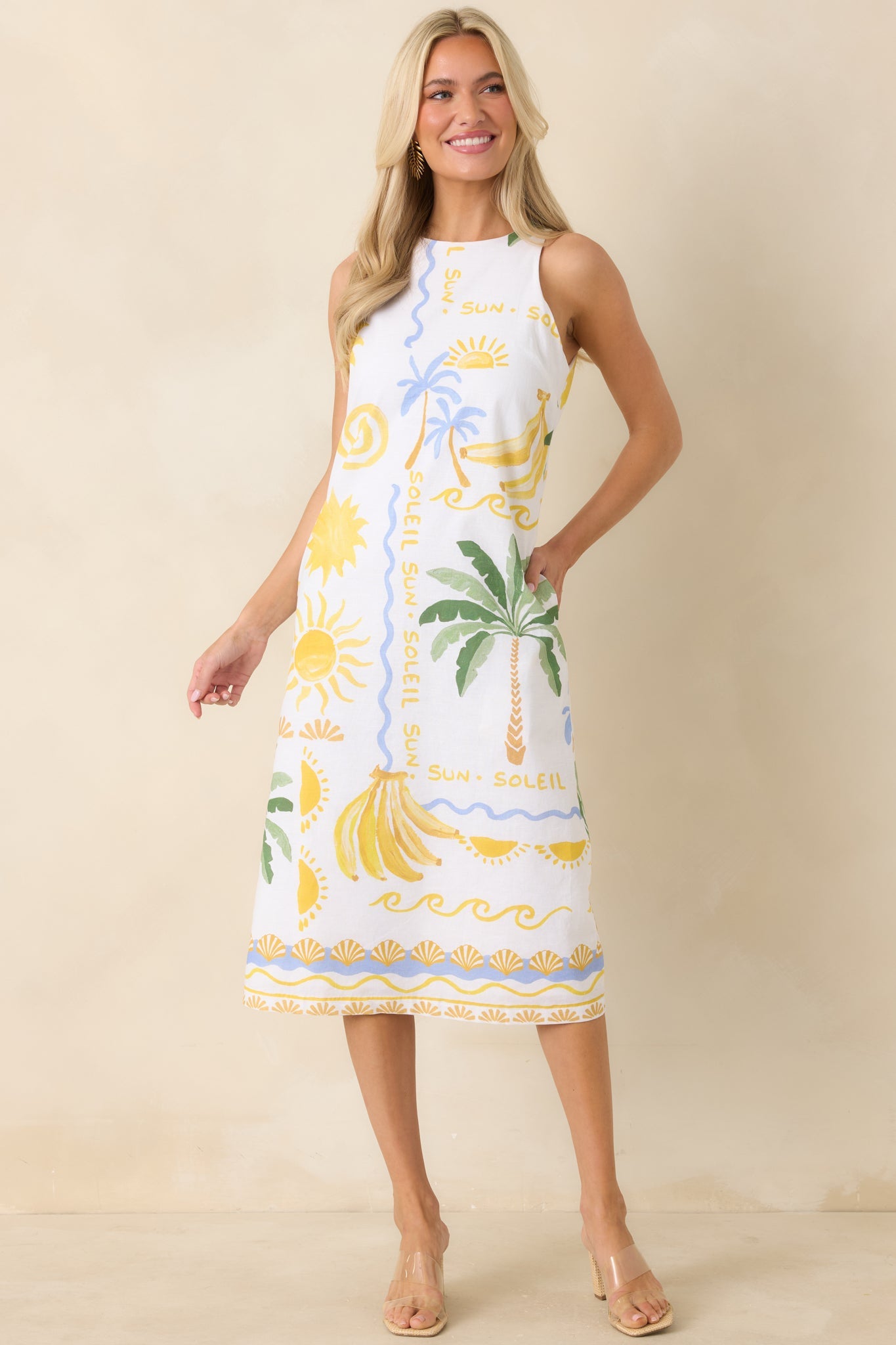 Paradisa Breakers White Multi Linen Blend Tropical Print Midi Dress
